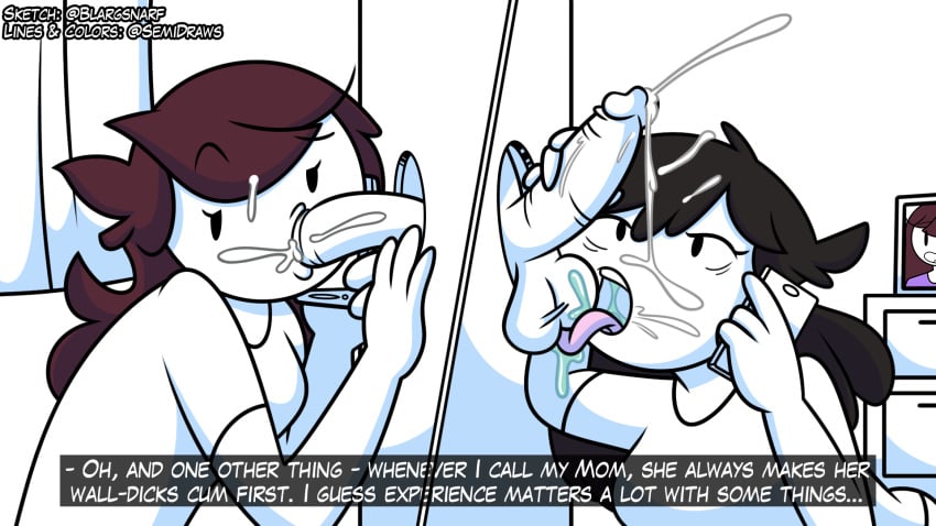 2girls accurate_art_style blargsnarf caption casual clothing competition cum cum_in_mouth cum_on_face cumshot electronics english_text female glory_hole human hypercasual jaiden jaiden_animations jaidens_mom licking male manual mother_and_daughter multiple_girls multitasking oral pale_skin penis phone semidraws sucking_testicles text unseen_male_face youtube