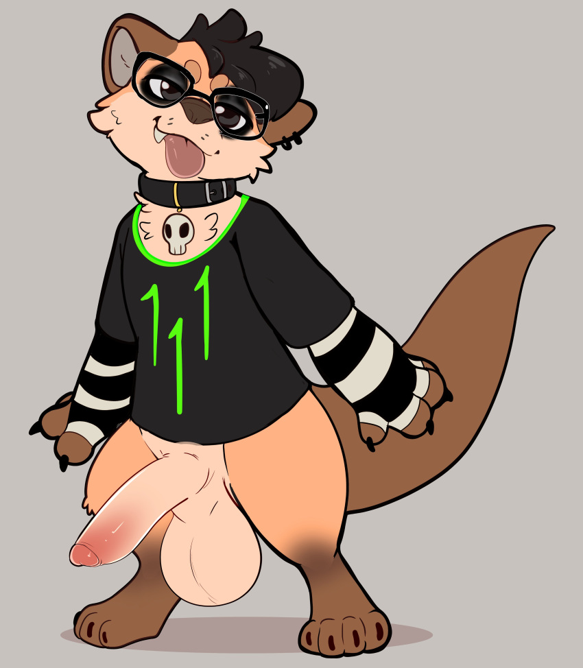 2023 absurd_res anthro big_balls big_penis bottomless clothed digitigrade eyewear full-length_portrait gamer_otter_(luuriolu) half-erect hi_res luuriolu male mammal otter penis portrait simple_background socks_(marking) solo tongue_out