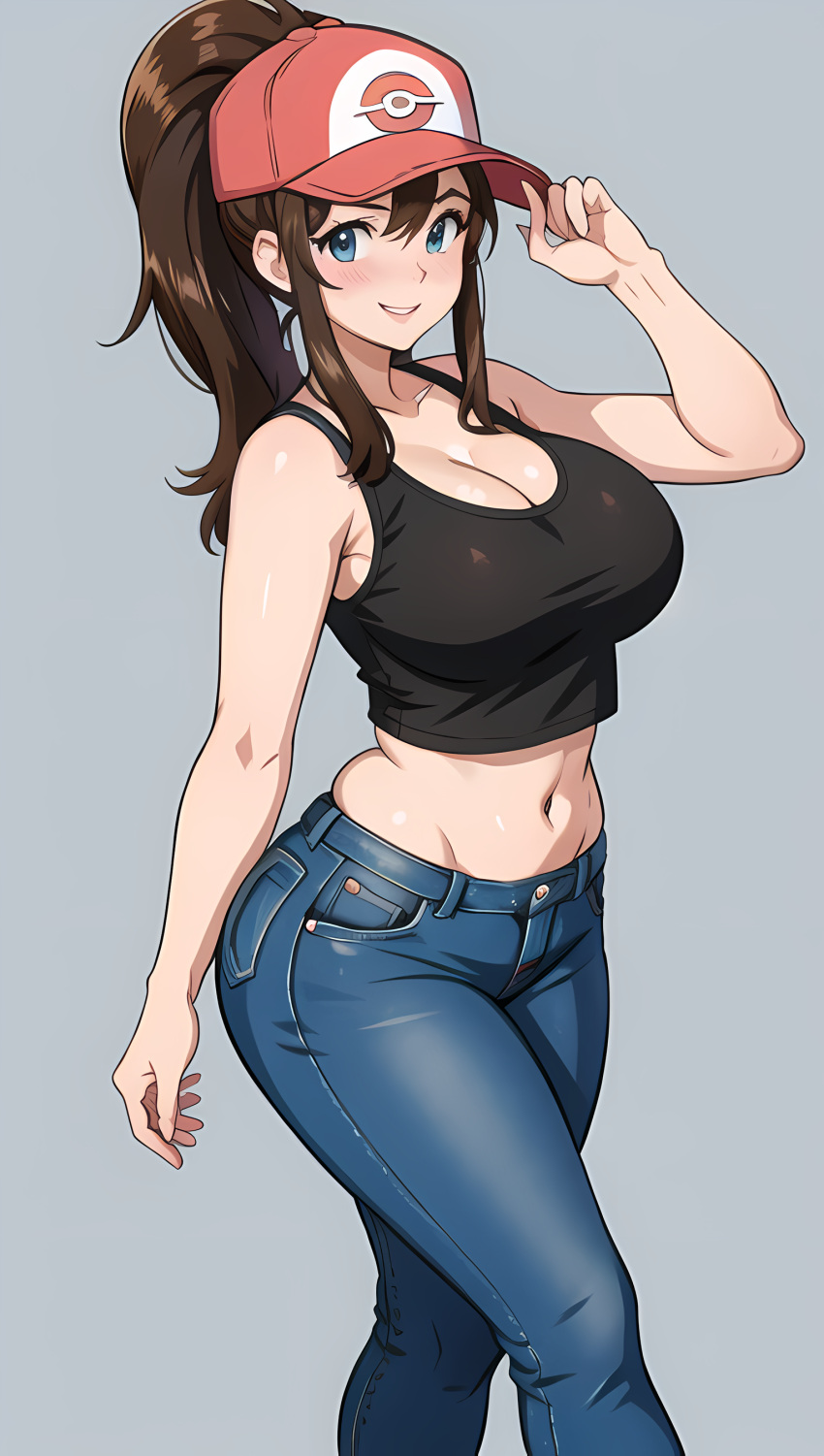 1girls ai_generated baseball_cap big_breasts black_crop_top blue_eyes blue_jeans blush brown_hair busty cleavage crop_top curvy facing_forward female female_only hand_on_hat hi_res highres hilda_(pokemon) jeans looking_at_viewer midriff navel nintendo pants pokeball_print pokemon pokemon_bw ponytail seraphim_ai simple_background smile solo stable_diffusion tank_top voluptuous walking