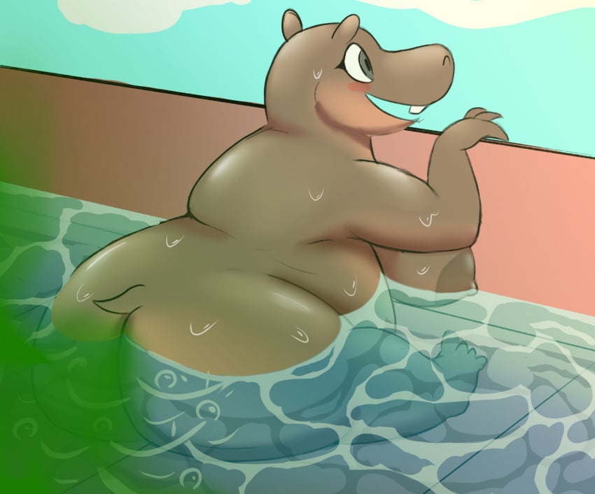 anthro ass big_breasts big_butt bigfoot3 blush breasts brown_body bubble casual_nudity common_hippopotamus dreamworks fart fart_bubbles fart_cloud fat_female female gloria_the_hippopotamus green_fart hi_res hippopotamid madagascar_(series) mammal nude obese overweight pool short_tail sitting smile solo tail water water_bubble wet wet_body