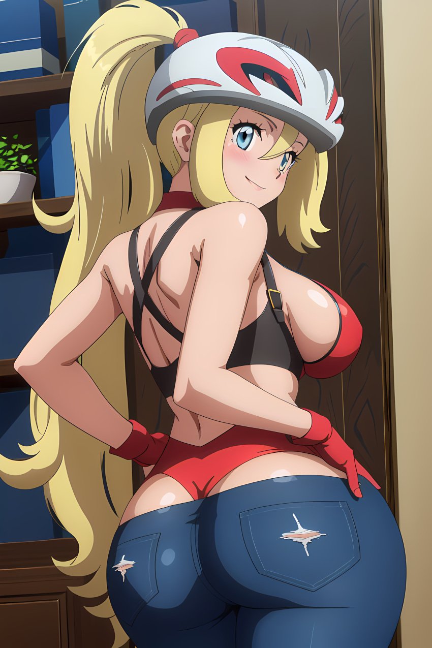 ai_generated arms_at_sides ass_cleavage big_ass big_breasts blonde_hair blue_eyes blue_jeans blush busty butt_crack curvy female female_only from_behind gloves hands_on_hips helmet hi_res highres indoors jeans korrina_(pokemon) long_hair pokemon pokemon_xy ponytail posing red_gloves round_ass seraphim_ai smile solo stable_diffusion standing