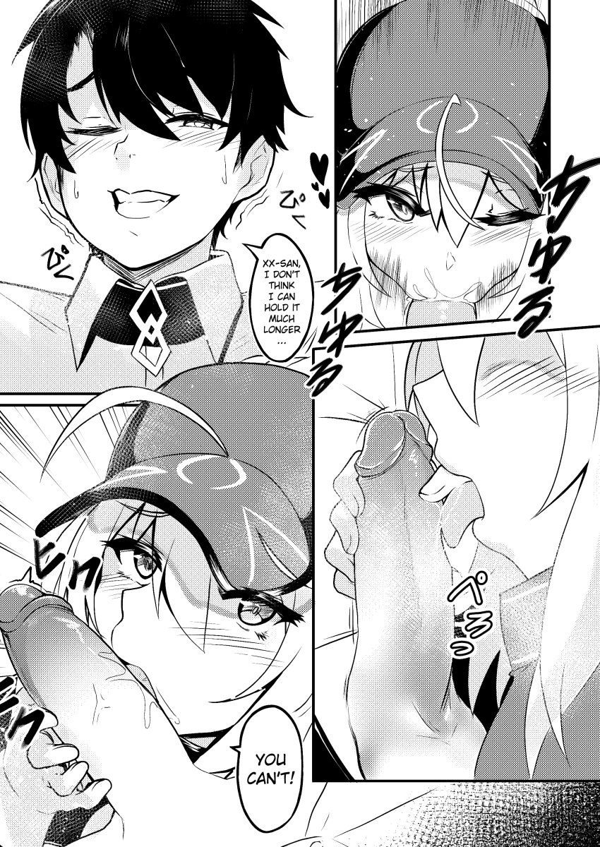 1boy 1girls anime_style black_and_white blonde_hair blowjob blue_eyes blush cap comic comic_page cum_announcement cum_face deep_blowjob deepthroat dialogue doujinshi eye_contact fate_(series) fellatio female hat hearts kazukoto licking_penis mysterious_heroine_xx_(foreigner) oral pale-skinned_female pov