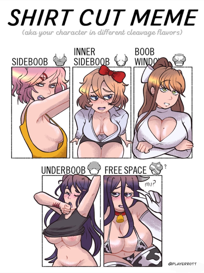 4girls big_breasts blue_eyes blush boob_window breasts cleavage cleavage_cutout cow_print doki_doki_literature_club english_text female female_only green_eyes inner_sideboob long_hair meme monika_(doki_doki_literature_club) moo_yuri multiple_girls natsuki_(doki_doki_literature_club) nipples pink_eyes pink_hair playerrott purple_eyes purple_hair sayori_(doki_doki_literature_club) self_harm_scars shirt_cut_meme sideboob text twitter_username underboob white_background yuri_(doki_doki_literature_club)