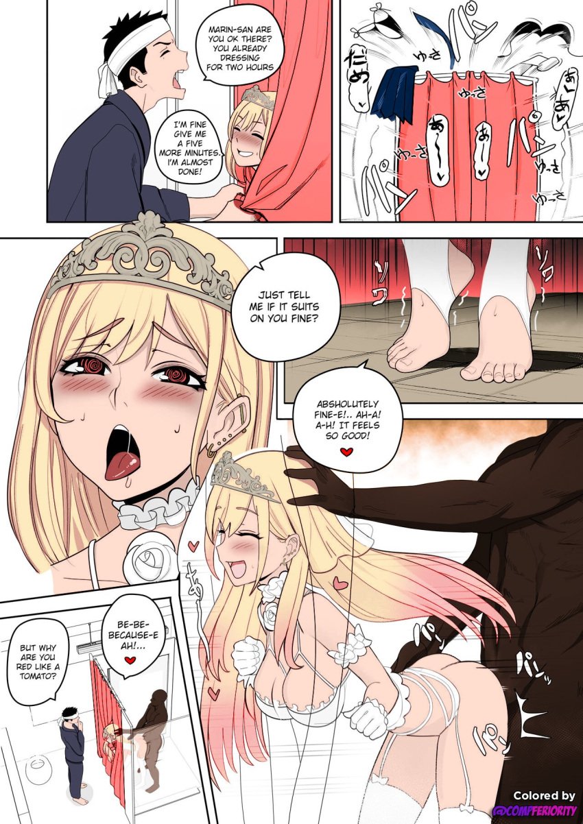 1girls 2boys ahe_gao bent_over blonde_hair bottomless breasts cheating comic cuckold dark-skinned_male dark_skin english_text feet fringe from_behind gojou_wakana interracial kitagawa_marin netorare ntr petite pink_eyes red_hair rezodwel sex socks sono_bisque_doll_wa_koi_wo_suru standing_sex thigh_socks thighhighs tiptoes two_tone_hair vaginal_penetration wedding_dress white_socks