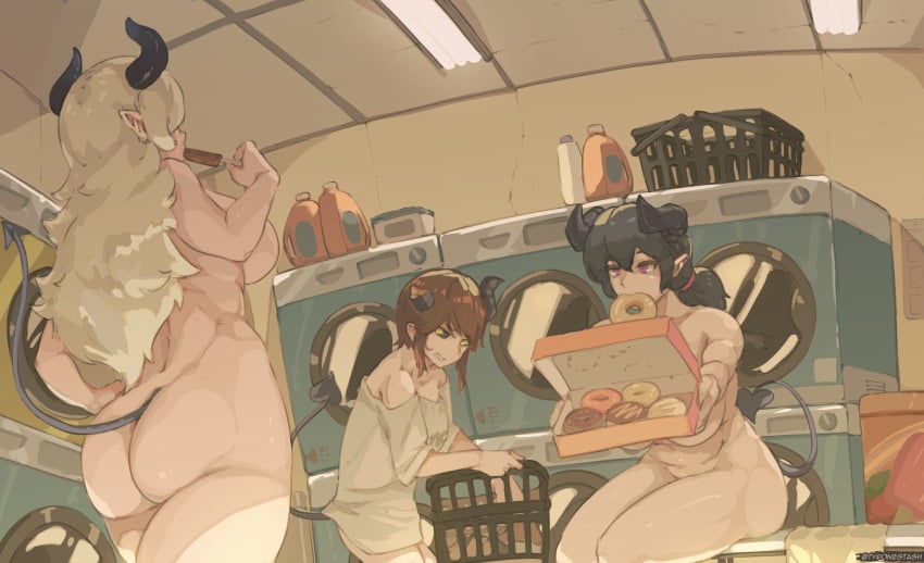 3girls ass black_hair black_horns blonde_hair breasts brown_hair completely_nude demon_girl demon_horns demon_tail doughnut female female_only food hi_res holding horns large_breasts long_hair looking_at_another multiple_girls nude original popsicle red_eyes shirt short_hair sitting t-shirt tail tyronestash washing_machine