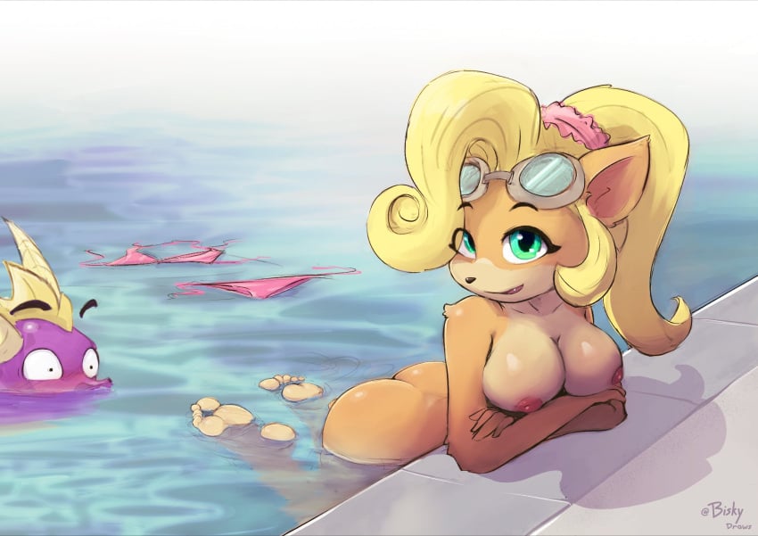 ass barefoot bikini biskydraws breasts casual clothing coco_bandicoot crash_(series) eyewear feet female humanoid_feet nude pool soles spyro spyro_the_dragon swimwear toes unaware wardrobe_malfunction water