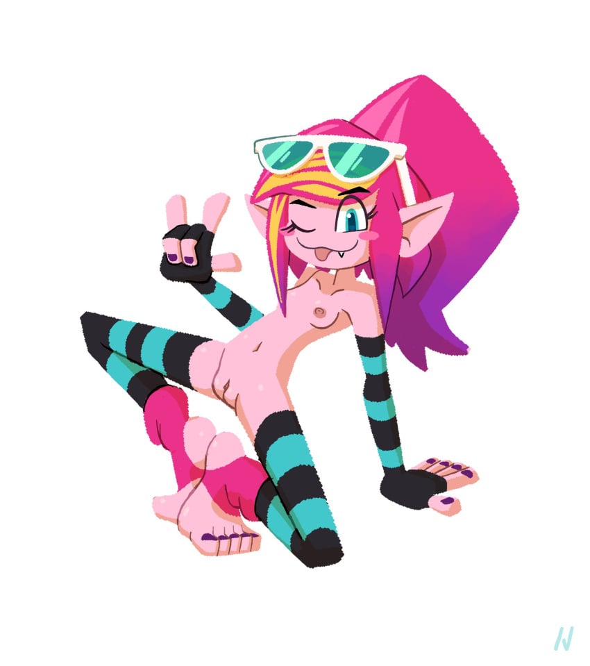 armwear exposed_torso female legs_apart legs_spread legwear missy_kix moshi_monsters n_sktch nail_polish partially_clothed peace_sign pink_hair pink_skin ponytail stirrup_legwear sunglasses_on_head tongue_out wink