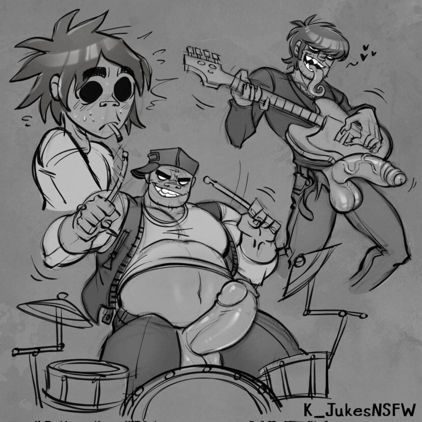 2d_(gorillaz) aroused balls bara big_balls big_penis blush boner drums drumsticks erection gorillaz guitar k_jukesnsfw kidde_jukes long_tongue male male_only monochrome murdoc_niccals muscles muscular open_fly overweight penis penis_out russel_hobbs shirt_up tongue_out