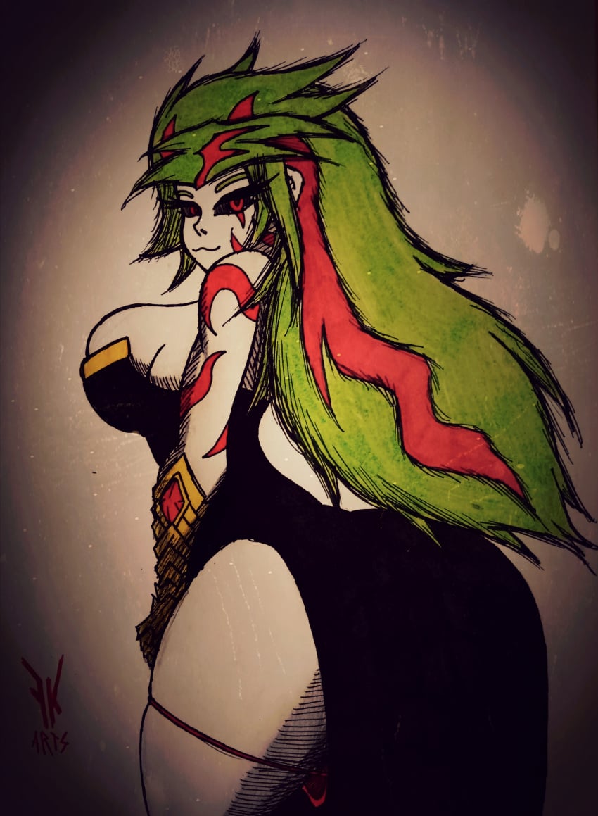 ass black_eyes freddyker green_hair traditional_media_(artwork)