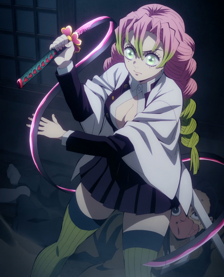 1boy 1girls breasts cleavage clothing demon_slayer green_eyes holding_weapon kanroji_mitsuri kimetsu_no_yaiba long_hair mask screencap skirt stitched thick_thighs thighs ufotable