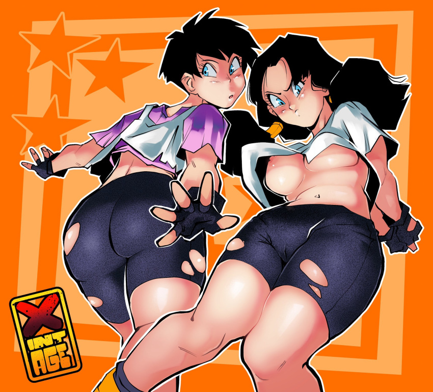 1girls ass big_ass big_breasts big_butt black_hair blue_eyes dragon_ball dragon_ball_z eyebrows eyelashes fat_ass female female_only large_ass large_breasts light-skinned_female light_skin looking_at_viewer navel nipples pink_nipples ponytails ripped_clothing ripped_pants short_hair shorts thick_thighs threesome upshirt videl wide_hips x1ntage