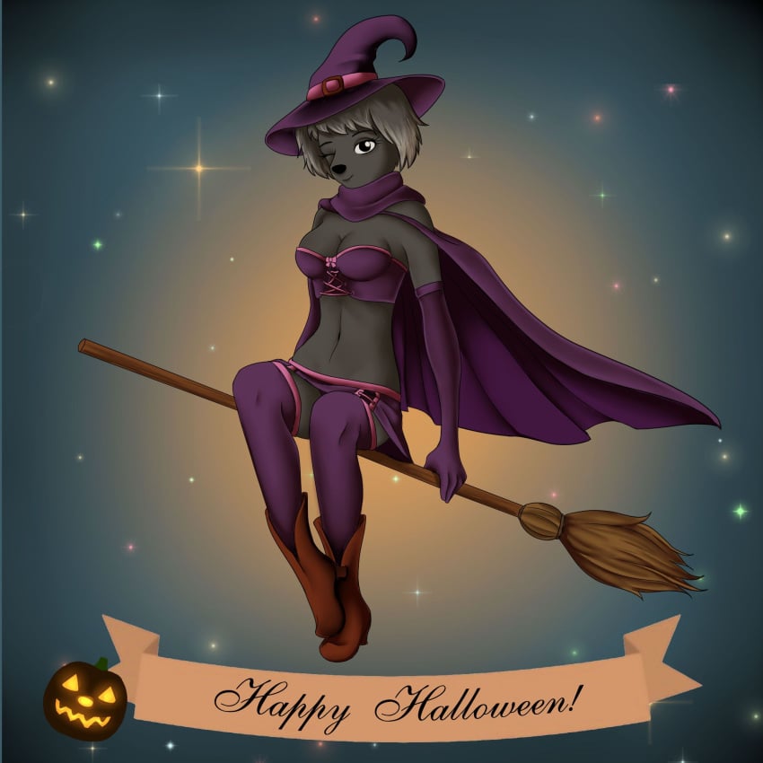 boots broom cape dog_girl elbow_gloves erin_(space_paws) furry gloves gray_hair halloween skirt snout space_paws taifun_riders wink witch_hat