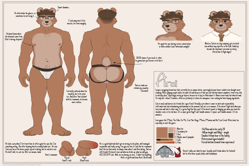 5_fingers absurd_res anthro arai_(just_arai) ass balls bear belly bite_mark brown_body bulge chest_tuft claws clothed clothing digital_media_(artwork) english_text erection eyewear feet fingers foreskin front_view fur genitals glasses hair hi_res jockstrap jockstrap_only just_arai looking_at_viewer male male_only mammal model_sheet navel nipples penis pubes rear_view simple_background small_penis smile solo tail text toes tongue topless topwear tuft underwear underwear_only ursine