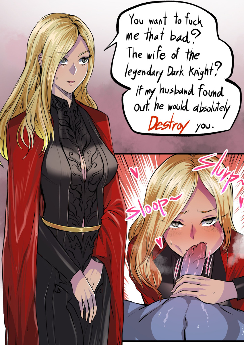 2023 blonde_hair blowjob capcom cheating_wife comic commission demon demon_humanoid devil_may_cry eva_(devil_may_cry) highres interspecies lungnut milf page_1 partial_male slender_waist sloppy_blowjob text veiny_penis