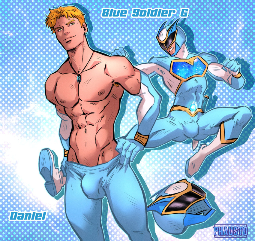 1boy abs biceps big_bulge blue bodysuit bulge bulging_biceps caucasian caucasian_male character_sheet cocky daniel_(dsg) dimensional_soldiers_g huge_bulge looking_at_viewer male male_only muscles muscular muscular_male pecs phausto pulling_up_pants shirtless shirtless_male skin_tight smile smirk smooth_chest smooth_skin smug solo solo_male superhero tight_clothing twitter_user_oc