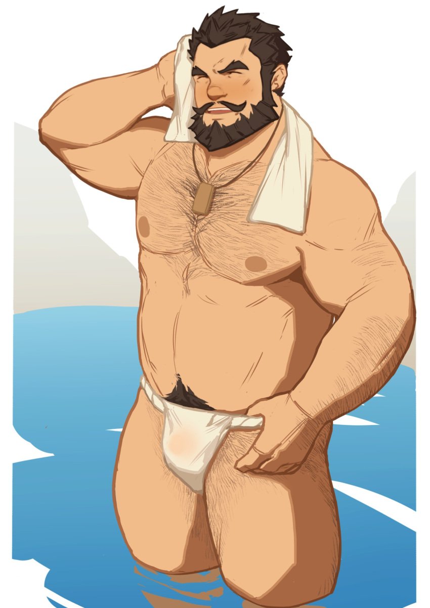 1boy bara bathing beard body_hair bulge bulge_through_clothing chest_hair chest_tuft dark_hair dilf dynasty_warriors eyebrows facial_hair fundoshi hair in_water male male_only manly moustache muscular muscular_male ryker short_hair smiling solo solo_focus solo_male standing towel underwear white_underwear zhang_fei