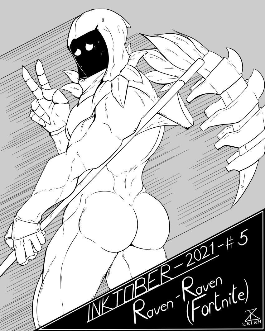 ass bara fortnite hood inktober male male_only monochrome muscles muscular raven_(fortnite) scythe solo solo_male zartzy