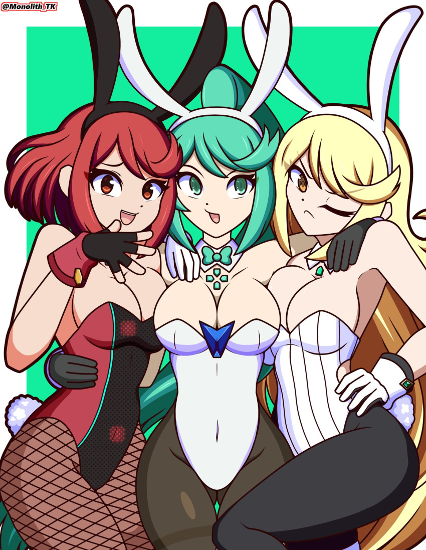 3girls alternate_costume breasts bunny_ears bunny_tail bunnysuit core_crystal female female_only latex mono-tsun-kae mythra nintendo playboy_bunny pneuma_(xenoblade) pyra xenoblade_(series) xenoblade_chronicles_2