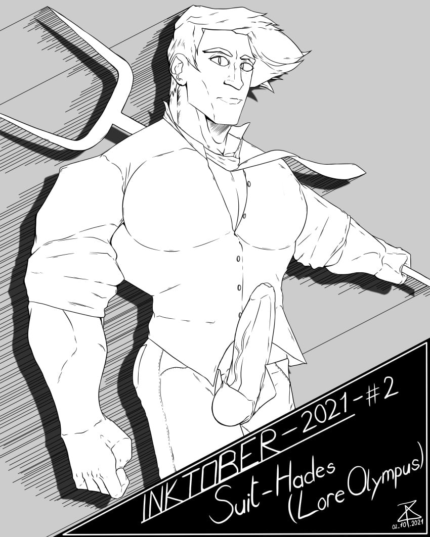 balls bara big_penis hades_(lore_olympus) inktober lore_olympus male male_only monochrome muscles muscular necktie open_fly penis penis_out solo solo_male suit tight_clothing zartzy