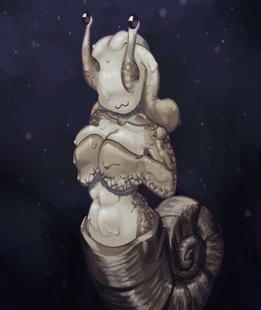 anthro beige_skin black_eyes completely_nude cute_face deep_sea dendra_enigma female hiding_breasts holding_breasts medium_breasts mollusk mollusk_humanoid mollusk_shell muscular_female naked naked_female no_legs nude nude_female sea_creature skinny slime_girl slime_hair slime_monster slimy_body snail snail_girl snail_humanoid snail_shell squeezing_breasts underwater venus_body