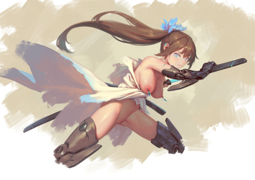 bigrbear blue_eyes breasts brown_hair cropped_legs cyborg female holding holding_sword holding_weapon katana large_breasts long_hair looking_at_viewer mechanical_arms mechanical_legs nipple_piercing nipples original piercing ponytail pussy scabbard sheath single_mechanical_arm solo sword uncensored weapon