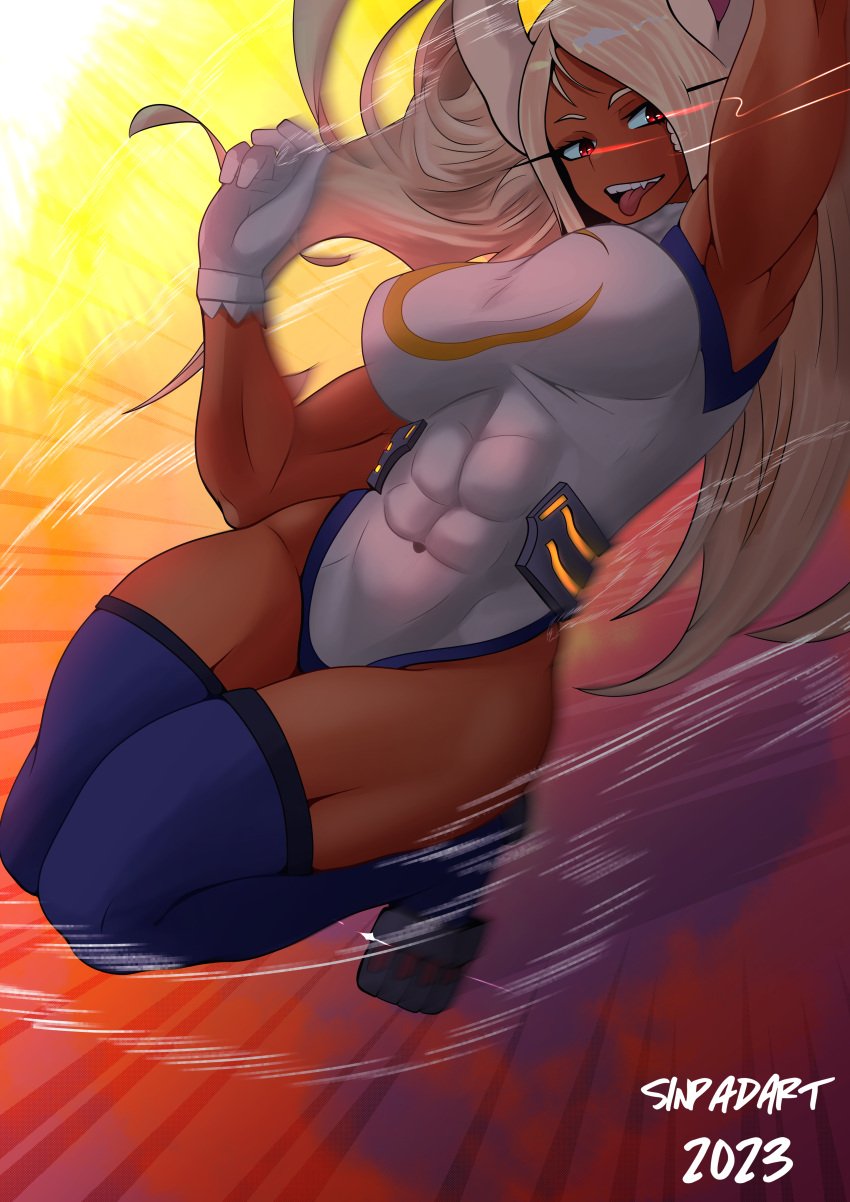 1girls abs action_pose animal_ears breasts bunny_ears dark-skinned_female dark_skin female_only gloves large_breasts leotard long_hair midriff miruko muscular muscular_female my_hero_academia open_mouth red_eyes rumi_usagiyama sinpadart skin_tight smile solo tan_skin thick_thighs thighhighs thighs tongue tongue_out white_hair