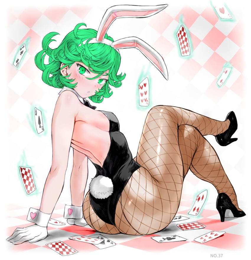 1girls 2023 ass bottom_heavy bunny_ears bunny_girl bunnysuit colored curly_hair female female_only green_eyes green_hair high_heels legs_crossed looking_at_viewer mogudan one-punch_man playing_card small_breasts solo tatsumaki tomy_arts