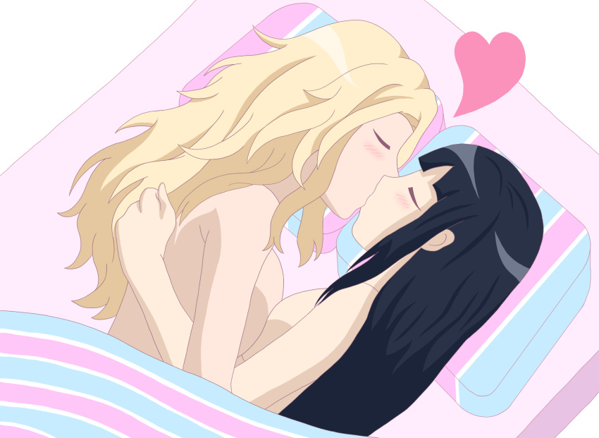 2022 2girls amawashi_aoi artist_request bad_id bad_pixiv_id bandai_namco bandai_namco_pictures bed bed_sheet birdie_wing:_golf_girls'_story blonde_hair blush breast_press breasts closed_eyes eve_(birdie_wing) female female_only heart highres indoors kissing large_breasts lying multiple_girls nude on_bed on_side pillow purple_hair source_request symmetrical_docking under_covers yuri