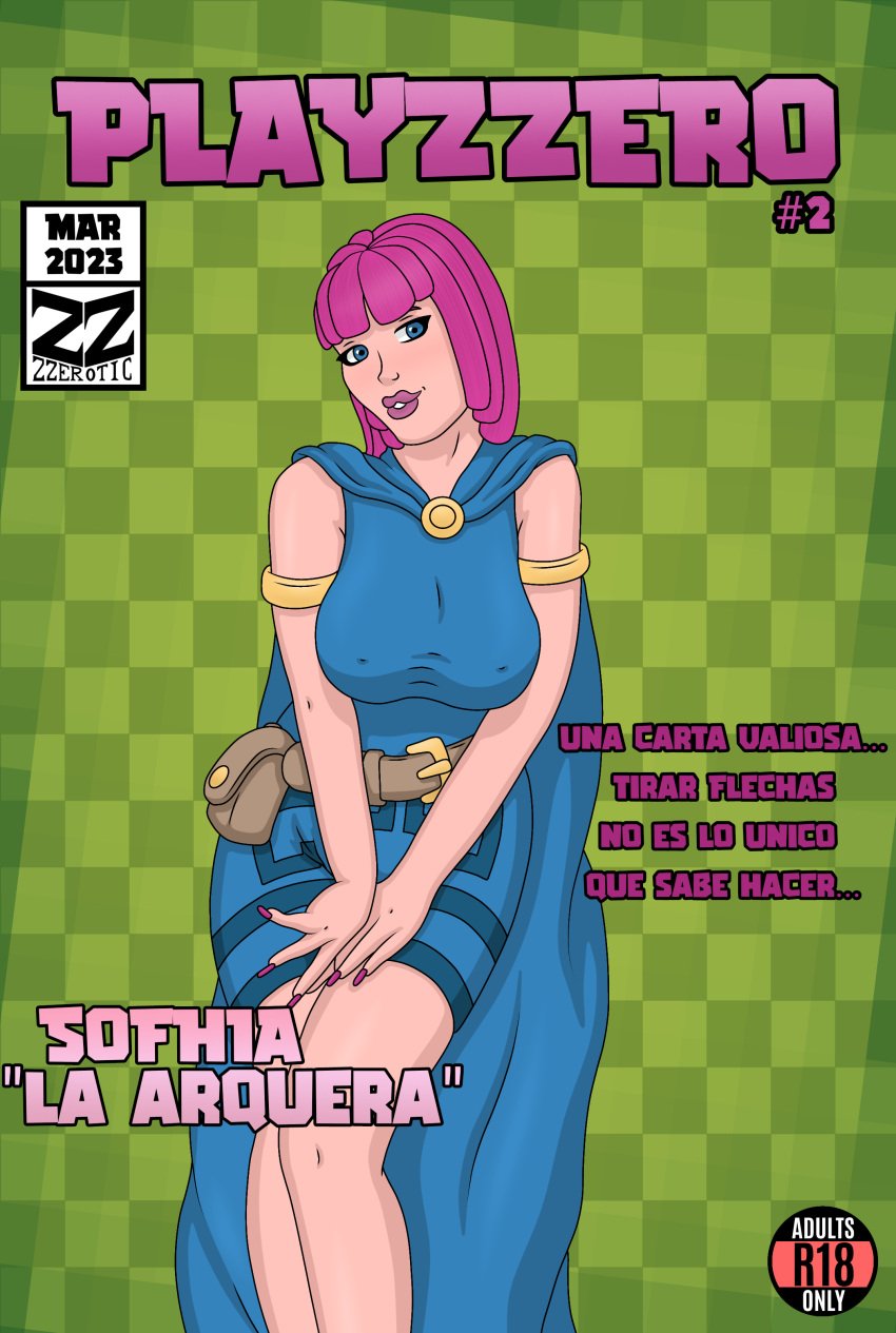 1girls 2023 archer_(clash_of_clans) artist_logo artist_name artist_signature belt big_breasts blue_eyes breast_grab breasts clash_(series) clash_of_clans clash_royale clothed clothing comic comic_cover comic_page dated eyelashes female female_only green_background hands_on_legs looking_at_viewer magazine magazine_cover open_mouth pink_hair pink_lipstick playzzero short_hair skirt smile smiling smiling_at_viewer solo solo_female squeezing_breast supercell text voluptuous voluptuous_female zzerotic