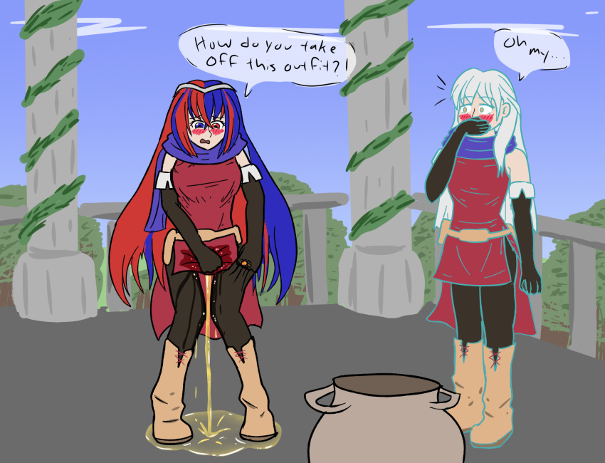 2girls alear_(female)_(fire_emblem) alear_(fire_emblem) alternate_costume aura blue_aura blue_eyes blue_hair blush cosplay covering_mouth elbow_gloves embarrassed english_text female female_only fire_emblem fire_emblem:_radiant_dawn fire_emblem_engage grey_hair long_hair micaiah_(fire_emblem) micaiah_(fire_emblem)_(cosplay) multiple_girls nintendo pantyhose peeing peeing_self pelvic_curtain pogbernard red_eyes red_hair shocked silver_hair text urine very_long_hair yellow_eyes