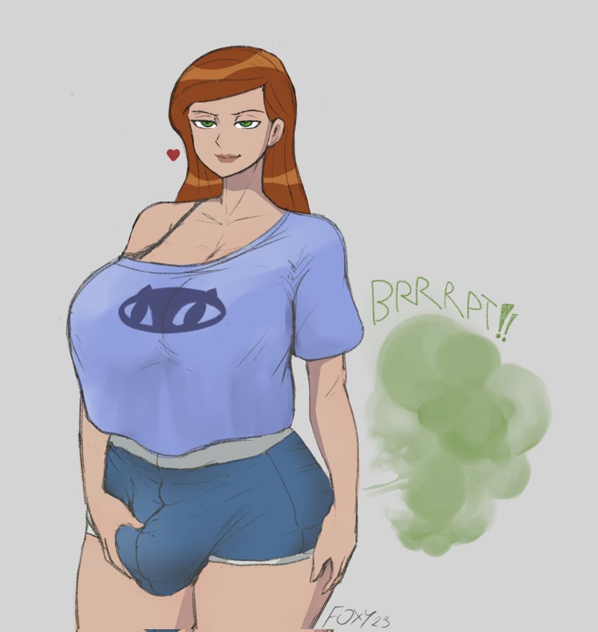 ben_10 ben_10_alien_force big_breasts brap breasts bulge bulge_grab cleavage fart fart_cloud fart_fetish farting futa_only futanari gwen_tennyson large_breasts orange_hair snobbyfoxy solo solo_futa