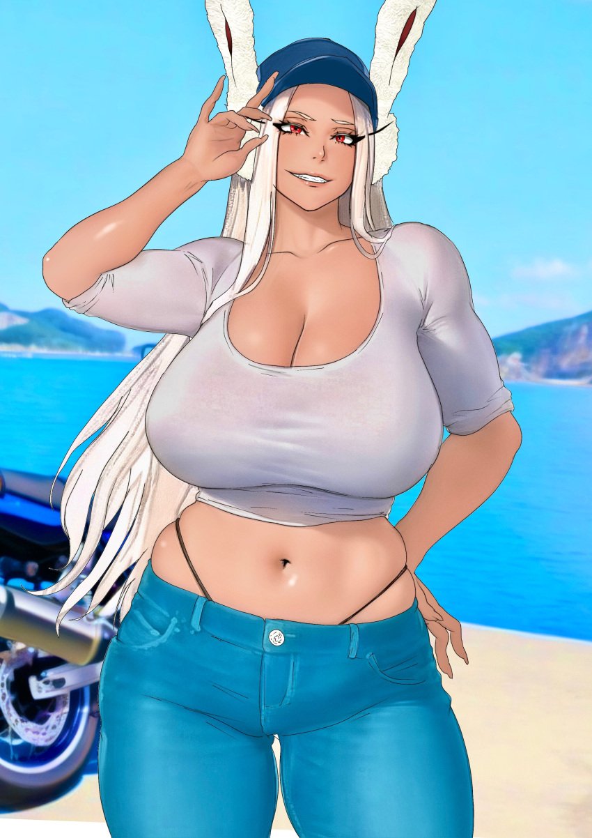 1girls animal_ears b_0_rukia beach belly_shirt breasts bunny_ears cleavage dark-skinned_female dark_skin eyelashes female_only hat huge_breasts jeans long_hair looking_at_viewer midriff miruko motorcycle my_hero_academia outdoors red_eyes rumi_usagiyama skindentation smile solo thick_thighs thighs thong very_long_hair whale_tail white_hair wide_hips