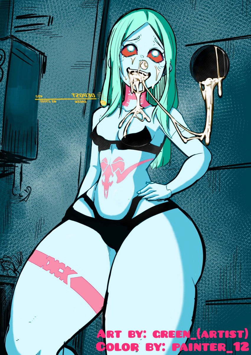 bottom_heavy colored cum cum_in_mouth cyberpunk:_edgerunners cyberpunk_2077 glory_hole green_(artist) green_hair long_hair painter_12 rebecca_(edgerunners) thick_thighs wide_hips wide_thighs