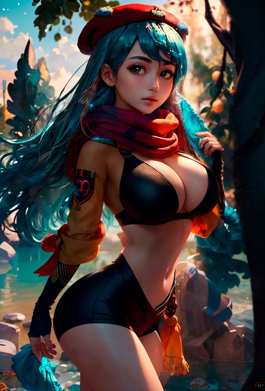 aged_up ai_generated armwear ass black_armwear black_bra black_short_shorts black_shorts black_underwear blue_eyes blue_hair bra breasts hilda_(hilda) hilda_(series) huge_ass huge_breasts jackker large_ass large_breasts light-skinned_female light_skin long_hair navel short_shorts shorts underwear voluptuous voluptuous_female