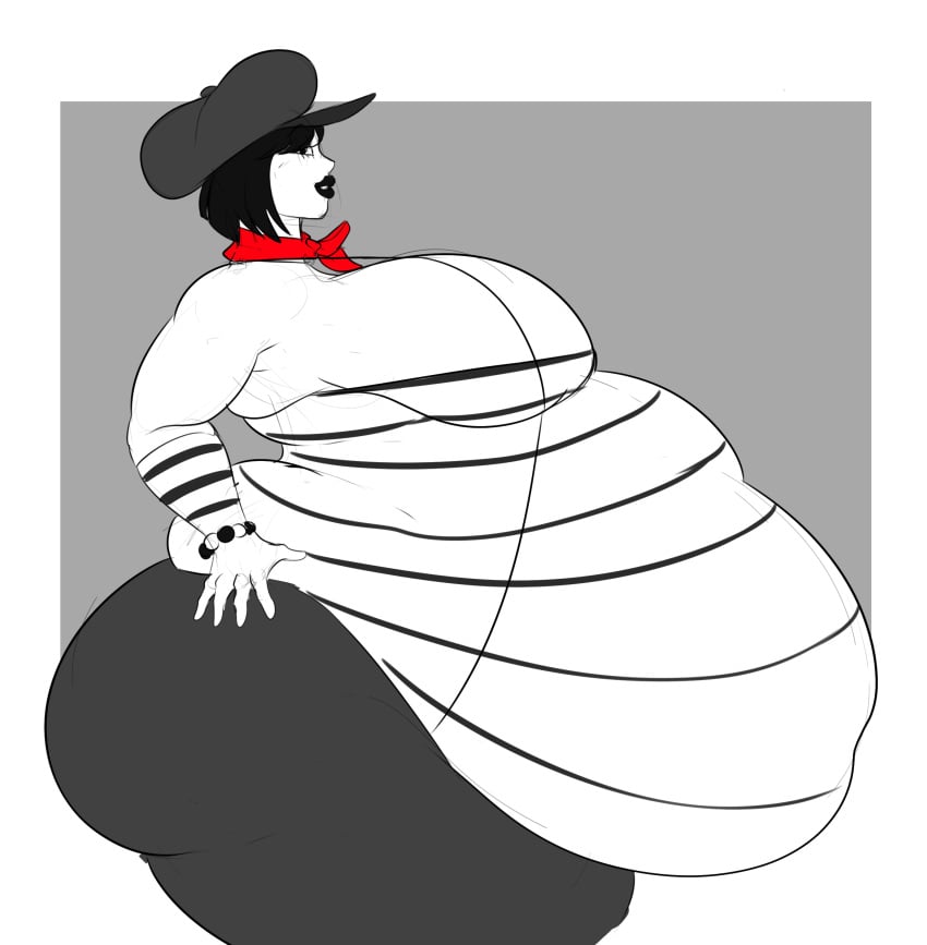 ass bbw big_ass big_breasts big_butt black_hair black_lips black_lipstick breasts clown clown_girl digestion fat hat lipstick looking_at_viewer makeup mime mime_girl original original_character owlizard pale-skinned_female post_digestion post_vore short_hair side_view sideboob ssbbw thick_thighs thighs vore vore_belly