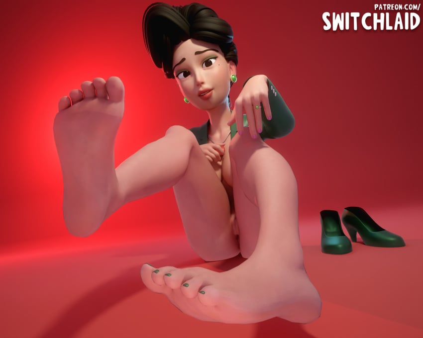 1girls 3d 3d_(artwork) asian asian_female barefoot black_hair cheating disney embarrassed engagement_ring feet female female_only foot_fetish foot_focus green_nails green_toenails mature_female milf ming_lee painted_toenails partially_clothed pixar presenting_feet presenting_soles ring sitting_on_ground soles solo switchlaid tagme turning_red