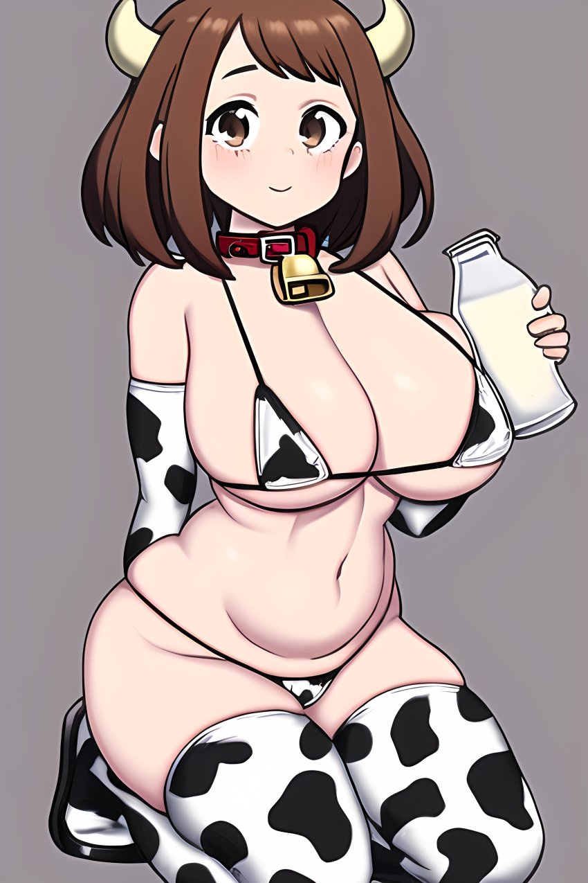 1girls big_breasts blue_eyes blush breasts brown_hair collar cow_ears cow_girl cow_print cowbell female female_focus female_only hypercummies milk_bottle my_hero_academia ochako_uraraka smile solo solo_female solo_focus thighhighs younger_female