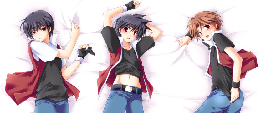 3boys belly black_hair blush brown_hair calm confused covering_self cute dakimakura dakimakura_design gloves gloves_removed looking_at_viewer male male_only not_impressed not_porn on_back on_bed on_stomach pale-skinned_male pale_skin pokemon pokemon_adventures pokemon_frlg pokemon_rgby red_(pokemon) red_eyes short_hair spiky_hair stomach worried