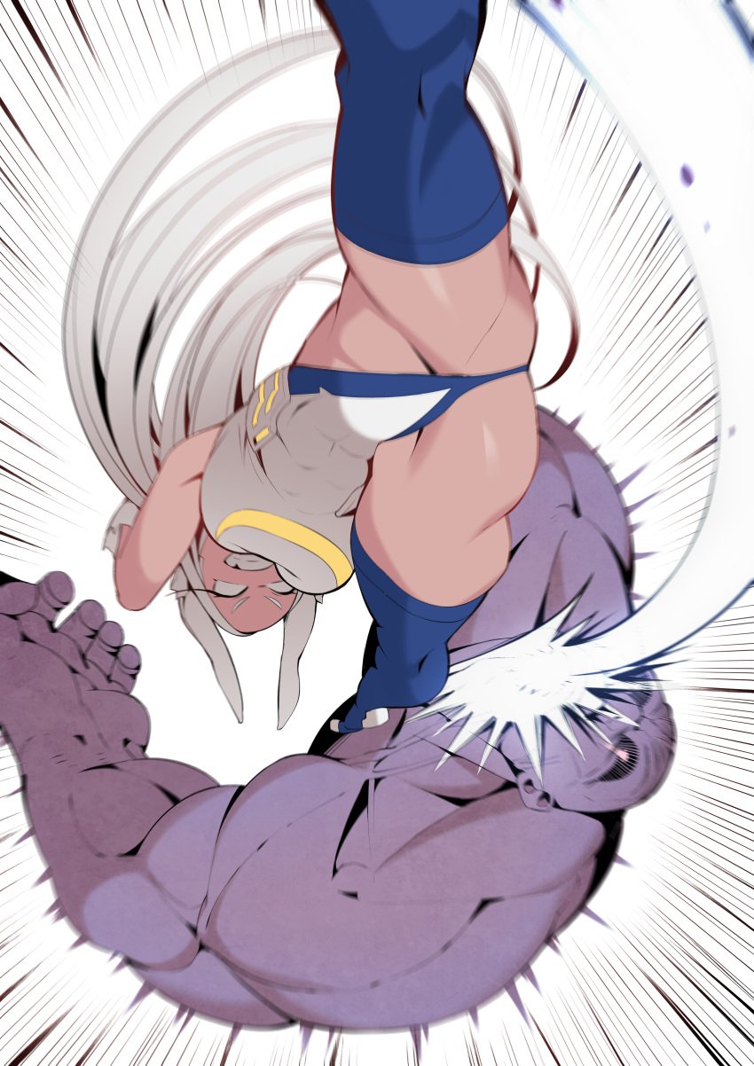 1boy 1girls abs ass athletic_female axe_kick bunny_ears comic dark-skinned_female eyelashes female_human fight fit_female flexible gloves hero_outfit_(mha) huge_ass human kemonomimi kicking kopam leotard long_hair martial_arts miruko monster muscular_female my_hero_academia navel red_eyes rumi_usagiyama smile smug splits spread_legs superhero_costume superheroine thick_thighs thighhighs thighs white_hair wide_hips