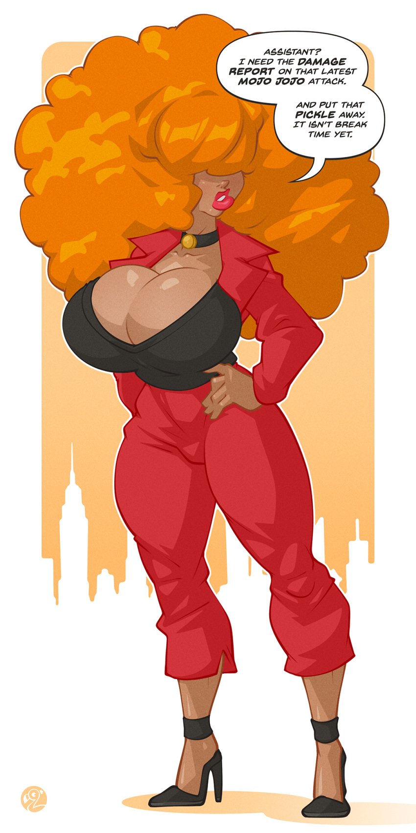 1girls 2022 artist_logo big_breasts big_hair big_lips bottomwear breasts busty cartoon_network cleavage clothed clothed_female clothes clothing collar curly_hair dark-skinned_female dark_skin dialogue doppledadko english_text female footwear front_view full_body fully_clothed hair hair_over_eyes hand_on_hip high_heels huge_breasts human large_breasts lipstick necklace open_clothes open_shirt orange_hair pants powerpuff_girls red_head red_lipstick redhead sara_bellum shirt shoes solo speech_bubble standing talking talking_to_viewer tank_top text thick_lips thick_thighs thighs topwear wide_hips