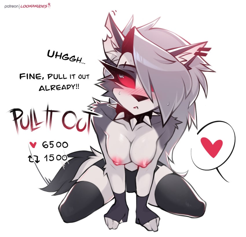 annoyed anthro blush bored breasts clothing collar duo ear_piercing english_text female fingers hellhound helluva_boss kneeling kneeling_oral_position legwear loona_(helluva_boss) loonanudes male neckwear nipples pov simple_background stockings strip_game sweating teeth text thigh_highs thighhighs