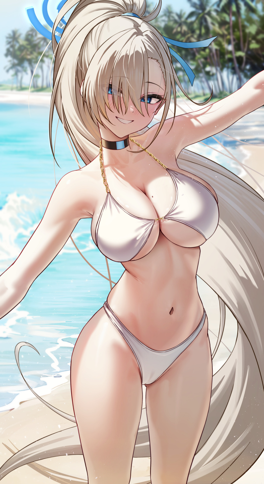 1girls asuna_(blue_archive) beach bikini blonde_hair blue_archive blue_eyes blush breasts cleaning_&_clearing_(blue_archive) female hair_over_one_eye halo huge_breasts light-skinned_female light_skin long_hair long_ponytail massive_breasts millennium_science_school_student ponytail smile solar_(happymonk) very_long_hair white_bikini