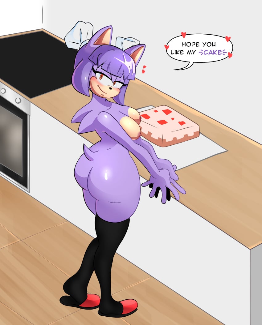 absurd_res anthro ass bedroom_eyes big_breasts big_butt blush breasts cake clothing dessert english_text eulipotyphlan fan_character female food footwear fur hair half-closed_eyes hedgehog hi_res huge_breasts huge_butt kitchen knee_highs knee_socks legwear looking_at_viewer mammal narrowed_eyes nipples nude purple_body purple_fur purple_hair red_eyes seductive sega shyna_the_hedgehog smile smiling_at_viewer socks solo sonic_(series) sonic_the_hedgehog_(series) tail text thick_thighs zettoart