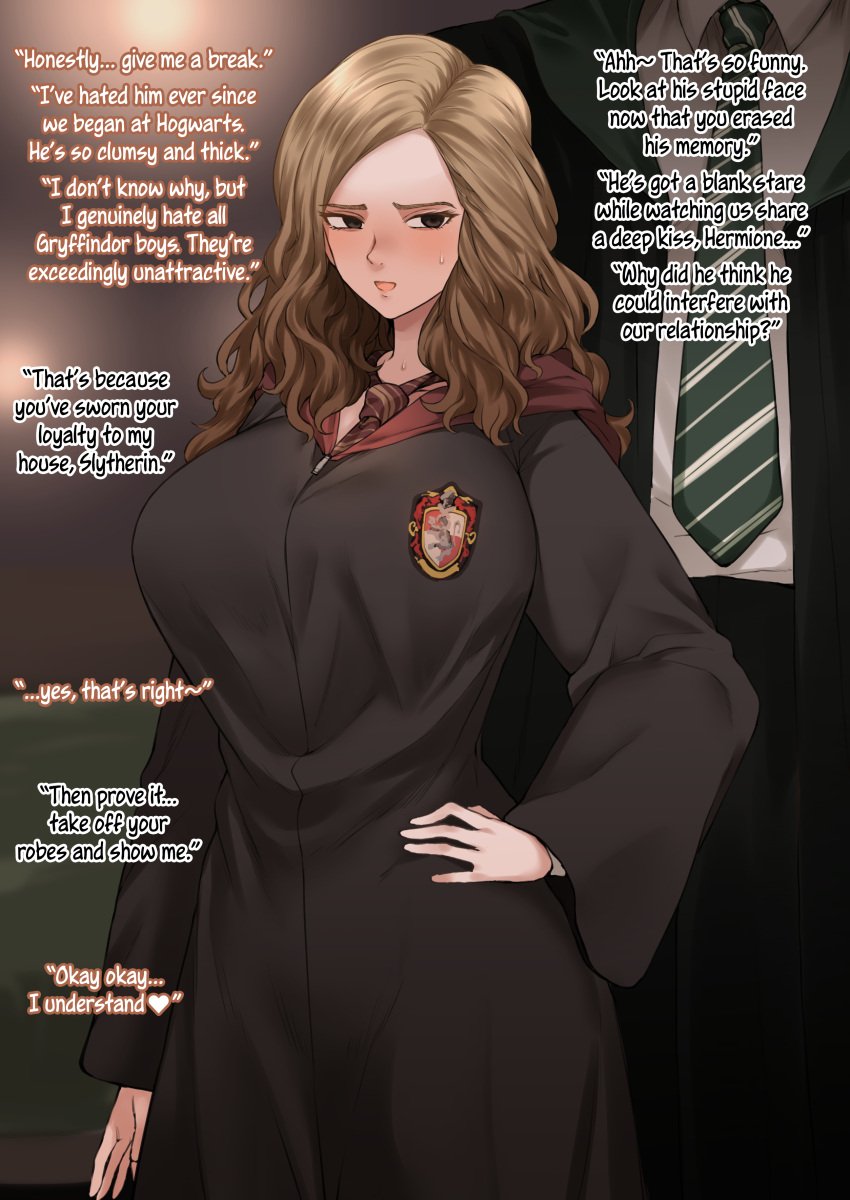 1boy 1girls big_breasts blush brainwashing breasts brown_hair cape clothed clothing corruption curvy curvy_female english_text female femsub gryffindor gryffindor_symbol gryffindor_tie harry_potter hermione_granger high_resolution highres hogwarts hogwarts_school_uniform hogwarts_student huge_breasts hypnosis imminent_sex large_breasts light-skinned_female light_skin male memory_alteration mind_control netorare ntr school_uniform schoolgirl schoolgirl_uniform slytherin slytherin_tie sweat terasu_mc text witch wizard wizard_robe