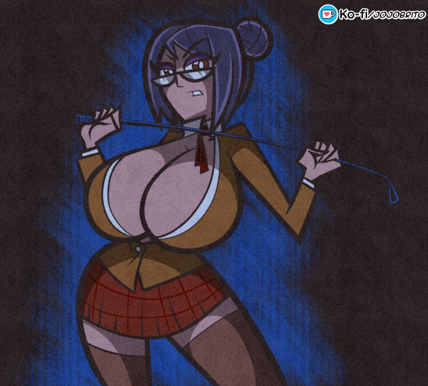 1girls breasts cameltoe cleavage female female_only hair_bun holding_riding_crop huge_breasts jojobrito light_skin panties prison_school riding_crop shiraki_meiko solo solo_female teacher whip