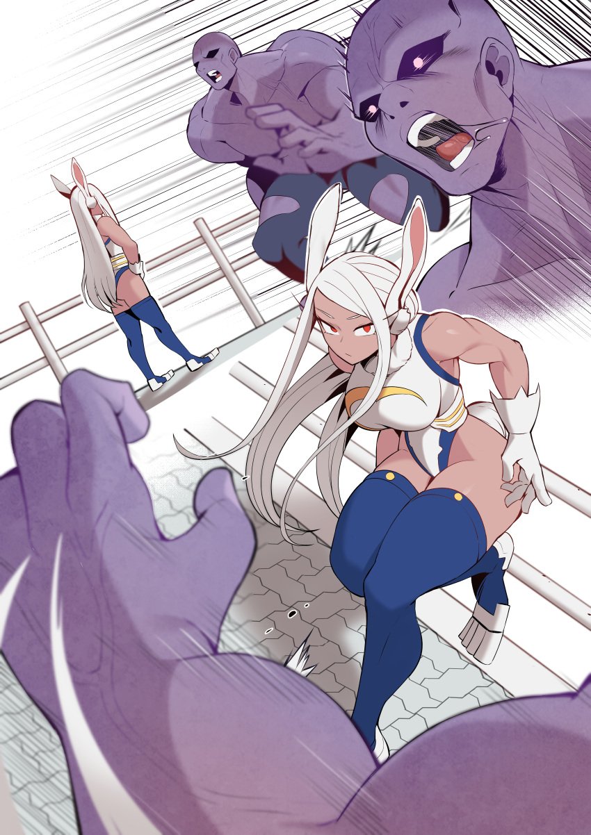 1boy 1girls ass big_breasts bunny_ears comic dark-skinned_female eyelashes female_human fight gloves hero_outfit_(mha) huge_ass human kemonomimi ko_koyap leotard long_hair mature_female miruko monster muscular_female my_hero_academia navel red_eyes rumi_usagiyama smile smug superhero_costume superheroine thick_thighs thighhighs thighs white_hair wide_hips