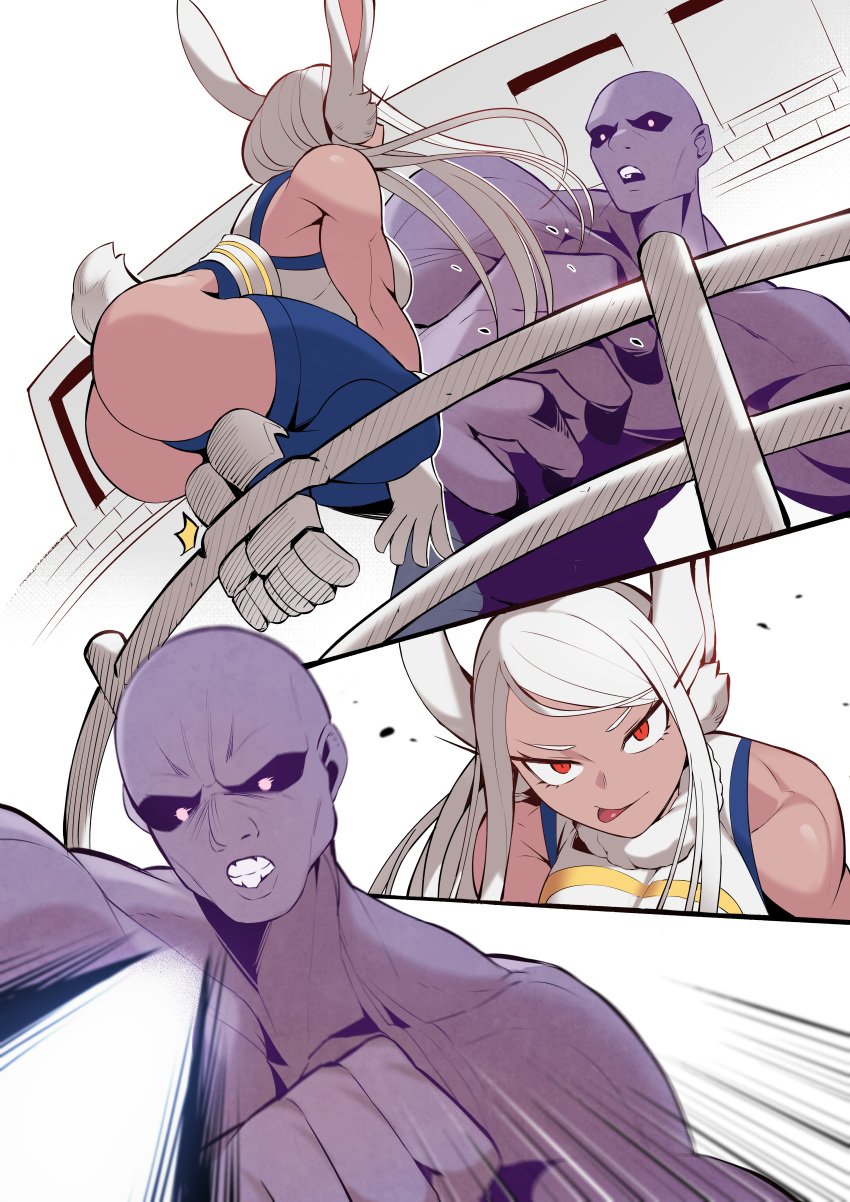 1boy 1girls :p ass athletic_female bunny_ears comic dark-skinned_female eyelashes female_human fight fit_female gloves hero_outfit_(mha) huge_ass human kemonomimi ko_koyap leotard long_hair miruko monster muscular_female my_hero_academia navel red_eyes rumi_usagiyama smile smug squatting superhero_costume superheroine thick_thighs thighhighs thighs tongue tongue_out white_hair wide_hips