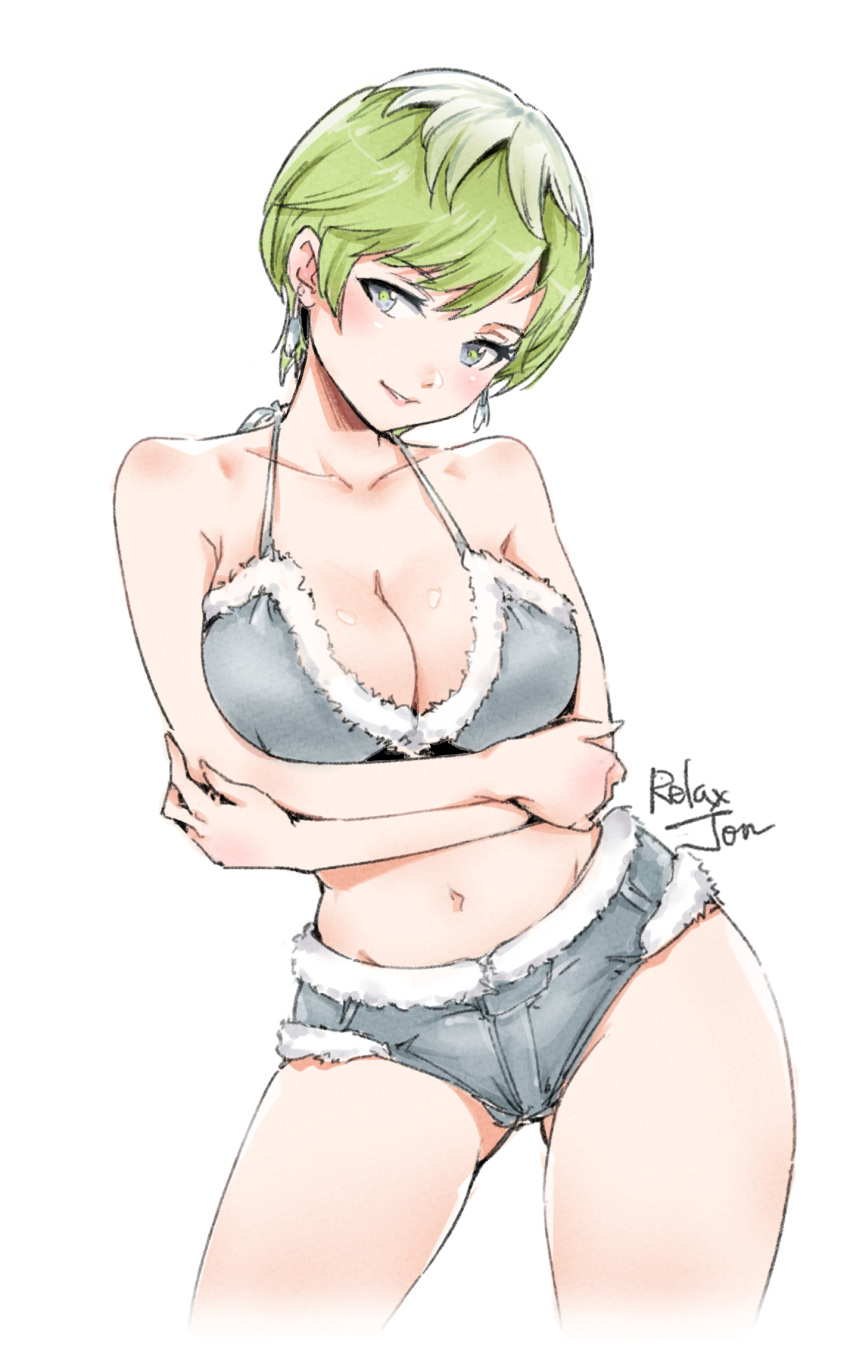 arms_under_breasts artist_name bare_shoulders bikini blue_bikini breasts cleavage collarbone cowboy_shot denim denim_bikini earrings female fur_trim gluteal_fold green_hair green_pupils grey_eyes head_tilt highres izumo_tenka jewelry large_breasts looking_at_viewer mato_seihei_no_slave multicolored_hair navel parted_lips relaxjon short_hair simple_background solo standing swimsuit very_short_hair white_background