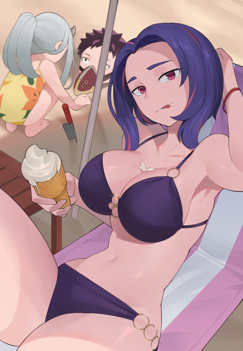 1girls :p beach beach_chair beach_umbrella big_breasts bikini blue_hair breasts busty chisaki_kai cleavage eri_(my_hero_academia) female female_focus ice_cream ice_cream_drip ice_cream_on_breasts kai_chisaki kaina_tsutsumi ko_koyap lady_nagant large_breasts licking_lips licking_own_lips looking_at_viewer melting_ice_cream midriff multicolored_hair my_hero_academia outdoors overhaul pink_eyes pink_hair seaside short_hair suggestive suggestive_fluid swimsuit thick_thighs thighs tongue tongue_out tsutsumi_kaina two-tone_hair