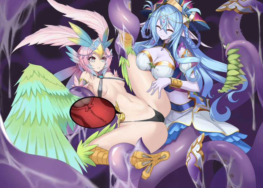 2girls animal_ears bian_qunqing bird_ears bird_legs black_panties blue_hair blush bracelet breasts carol_(clover_theater) chinese_commentary cleavage closed_eyes clover_theater colored_skin commentary_request consensual_tentacles cross_section egg feathers gradient_hair green_feathers green_wings hair_ornament harpy headdress highres imola_(clover_theater) jewelry large_breasts lifting_person long_hair monster_girl multicolored_hair multiple_girls navel nipples open_mouth panties pink_hair pointy_ears purple_eyes purple_skin scylla short_hair skirt skirt_removed slime_(substance) small_breasts talons tentacle underwear winged_arms wings